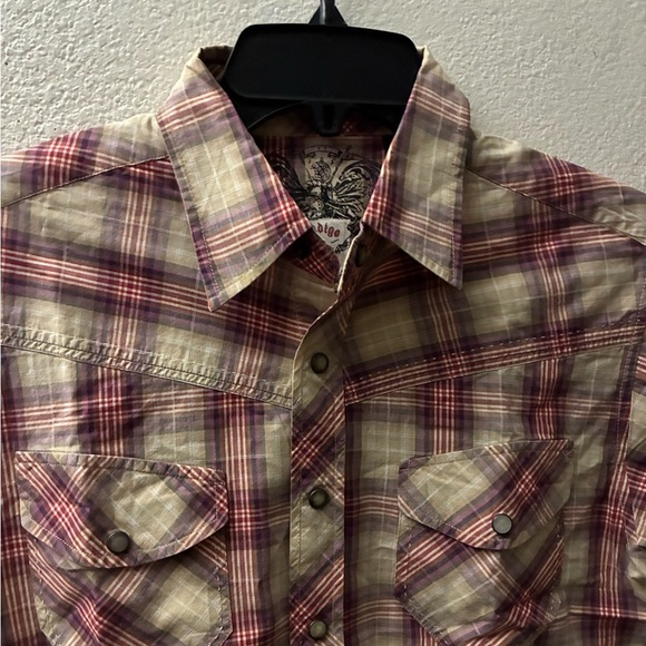 Indigo Star Vintage Button Down Shirt Short Sleeve Cotton Plaid BackRodeoPrint S - Picture 5 of 16
